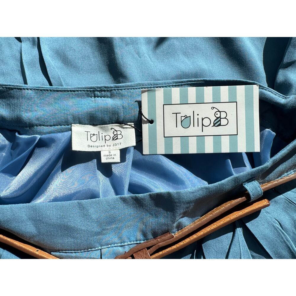 Tulip B Vintage Blue Pleated Midi Skirt Belt Pockets Lined Small NEW - Picture 10 of 11